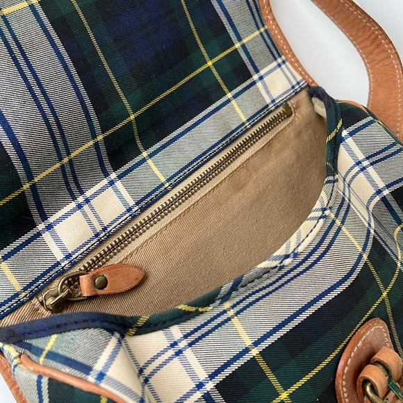 Ralph Lauren Vintage Tartan Plaid Blue Green Leather Brass Canvas Plaid Bag - Picture 11 of 15